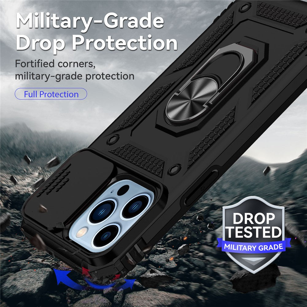 For iPhone 14 Pro 6.1 inch Hard PC + Soft TPU Rotary Kickstand Case Anti-fall Phone Cover with Slide Camera Protection Cover
