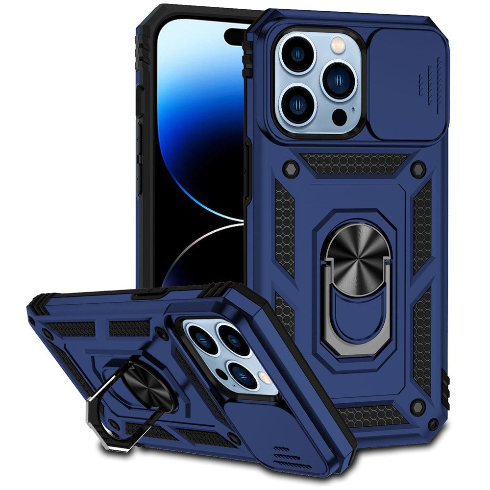 For iPhone 14 Pro 6.1 inch Hard PC + Soft TPU Rotary Kickstand Case Anti-fall Phone Cover with Slide Camera Protection Cover