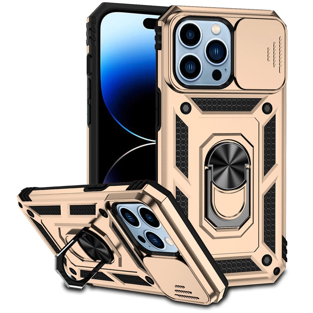 For iPhone 14 Pro 6.1 inch Hard PC + Soft TPU Rotary Kickstand Case Anti-fall Phone Cover with Slide Camera Protection Cover