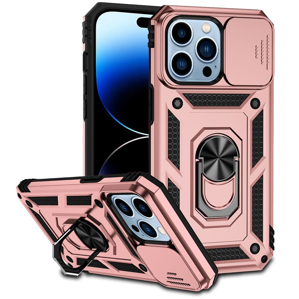 For iPhone 14 Pro 6.1 inch Hard PC + Soft TPU Rotary Kickstand Case Anti-fall Phone Cover with Slide Camera Protection Cover