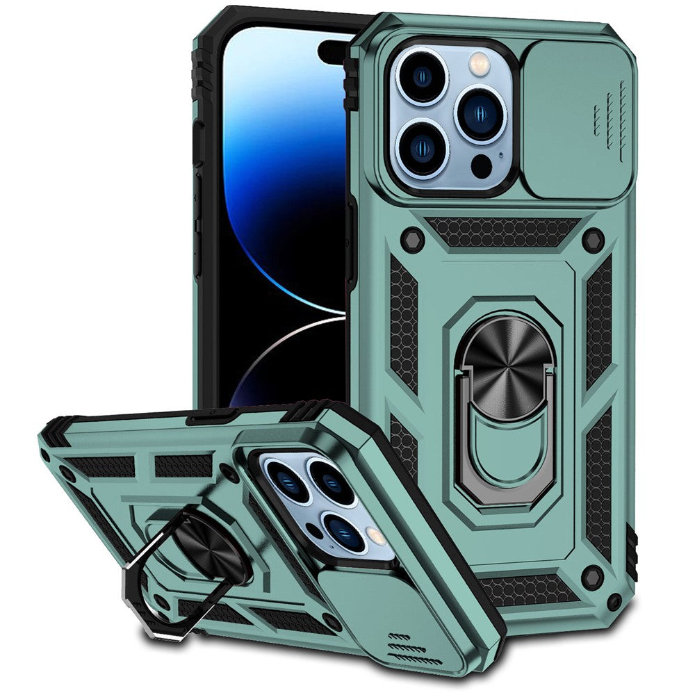 For iPhone 14 Pro 6.1 inch Hard PC + Soft TPU Rotary Kickstand Case Anti-fall Phone Cover with Slide Camera Protection Cover