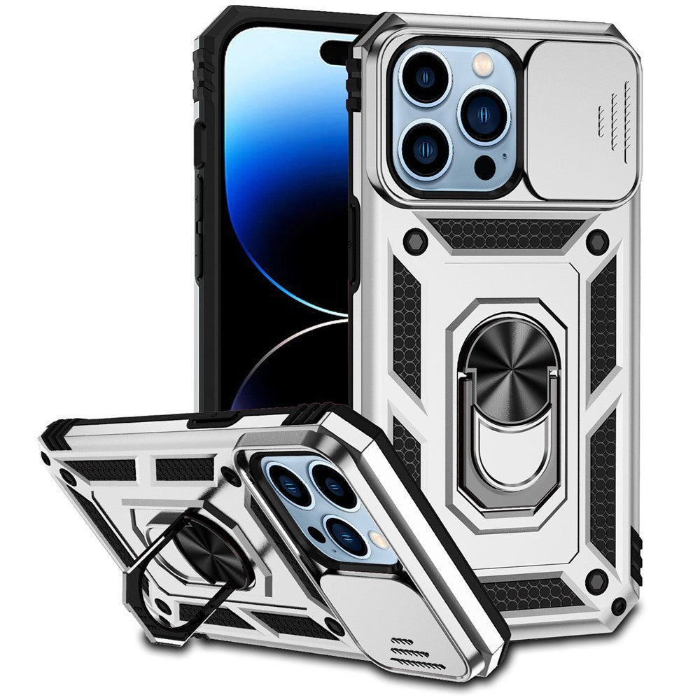 For iPhone 14 Pro 6.1 inch Hard PC + Soft TPU Rotary Kickstand Case Anti-fall Phone Cover with Slide Camera Protection Cover