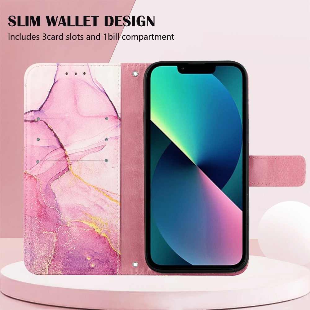 YB Pattern Printing Leather Series-5 for iPhone 14 6.1 inch PU Leather Flip Wallet Case Marble Pattern Magnetic Closure Stand Protective Phone Holster with Strap