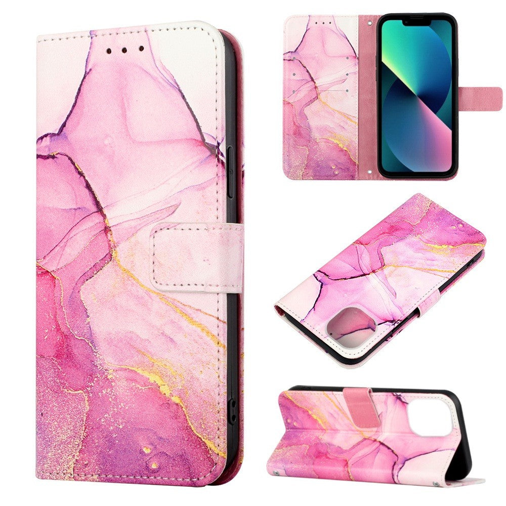 YB Pattern Printing Leather Series-5 for iPhone 14 6.1 inch PU Leather Flip Wallet Case Marble Pattern Magnetic Closure Stand Protective Phone Holster with Strap