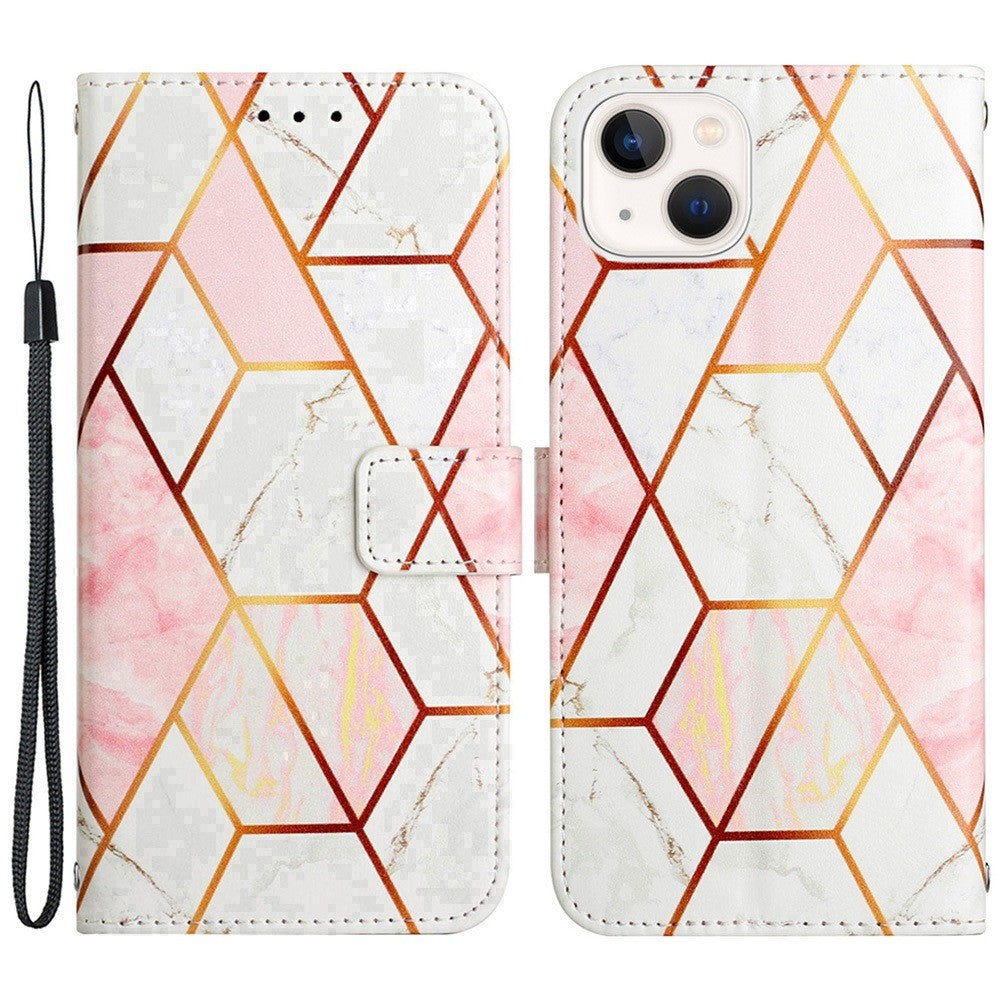 YB Pattern Printing Leather Series-5 for iPhone 14 6.1 inch PU Leather Flip Wallet Case Marble Pattern Magnetic Closure Stand Protective Phone Holster with Strap