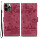 For iPhone 13 Pro 6.1 inch Shockproof Flip Case Phone Wallet Cherry Blossom Cat Imprinted PU Leather Stand Cover with Strap Card Holder