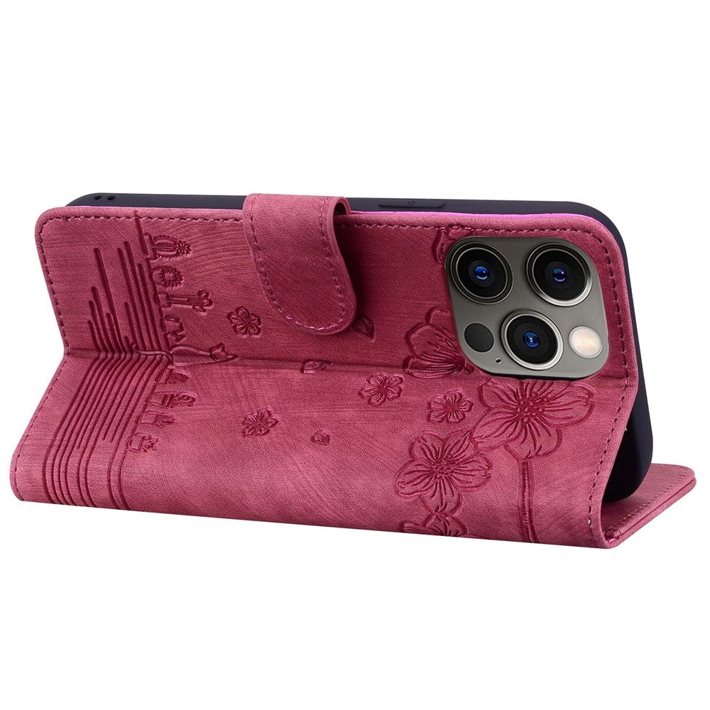 For iPhone 13 Pro 6.1 inch Shockproof Flip Case Phone Wallet Cherry Blossom Cat Imprinted PU Leather Stand Cover with Strap Card Holder