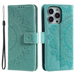 For iPhone 14 Pro Max 6.7 inch Mandala Flower Pattern Imprinted PU Leather Wallet Flip Cover TPU Inner Wrist Strap Folio Stand Cover