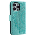 For iPhone 14 Pro Max 6.7 inch Mandala Flower Pattern Imprinted PU Leather Wallet Flip Cover TPU Inner Wrist Strap Folio Stand Cover