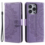 For iPhone 14 Pro Max 6.7 inch Mandala Flower Pattern Imprinted PU Leather Wallet Flip Cover TPU Inner Wrist Strap Folio Stand Cover