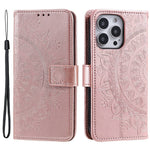 For iPhone 14 Pro Max 6.7 inch Mandala Flower Pattern Imprinted PU Leather Wallet Flip Cover TPU Inner Wrist Strap Folio Stand Cover