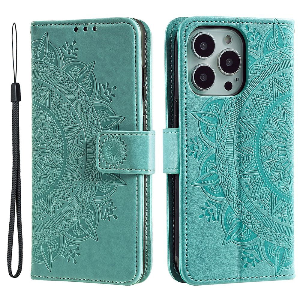 Til iPhone 14 Pro 6,1 tommer Pung Etui i PU Læder med Mandala Blomsterpræg, Magnetlukning, Stativfunktion og Blød TPU Indercover