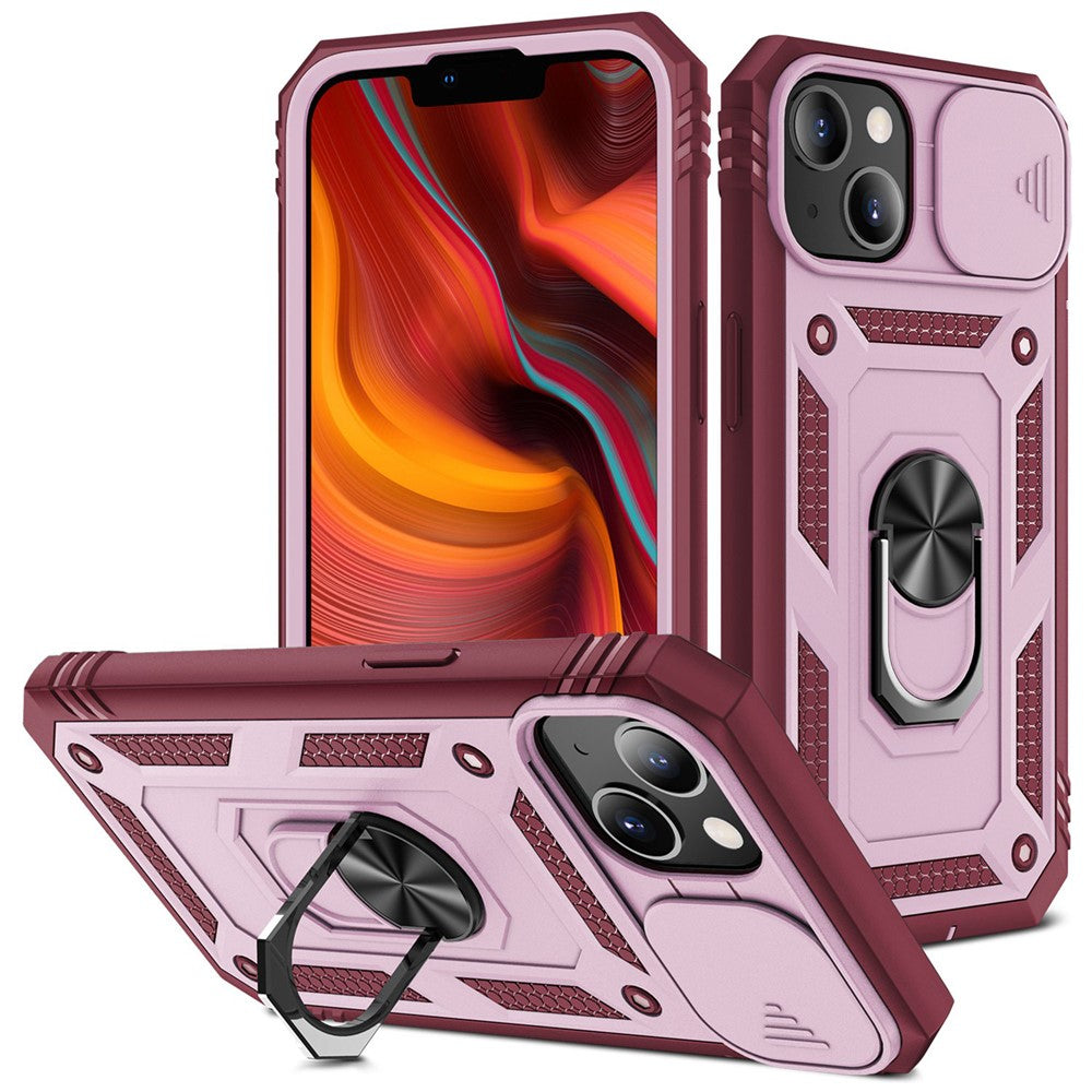 Til iPhone 13 6,1 tommer Indbygget Kickstand Skydende Kameradæksel Anti-ridse Anti-fald PC+TPU Mobiltelefoncover med Kortplads