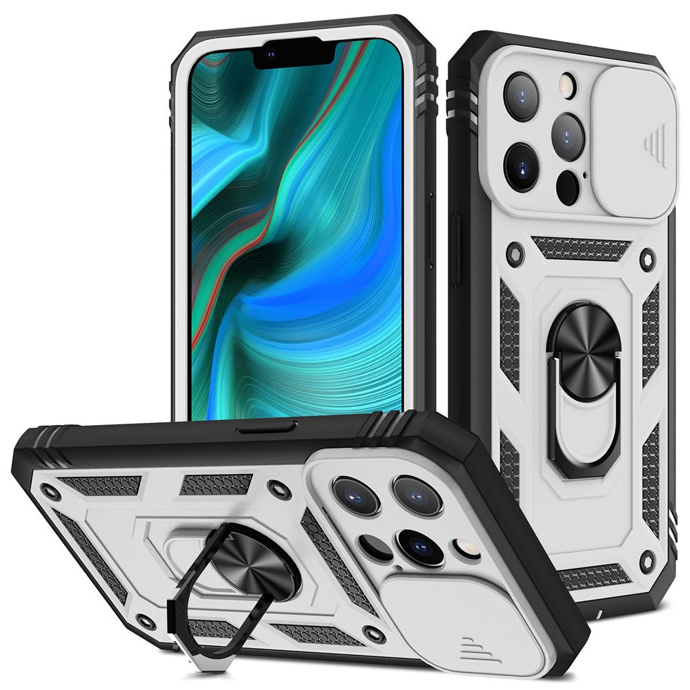 iPhone 13 Pro Max 6,7 tommer etui med kortholder, glidende kameradesign, PC+TPU-mobilcover med indbygget støtte