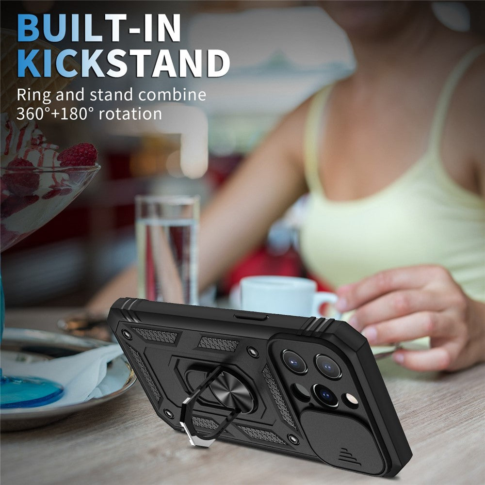 For iPhone 13 Pro Max 6.7 inch Card Clot Sliding Camera Cover Design PC+TPU Phone Case with Built-in Kickstand