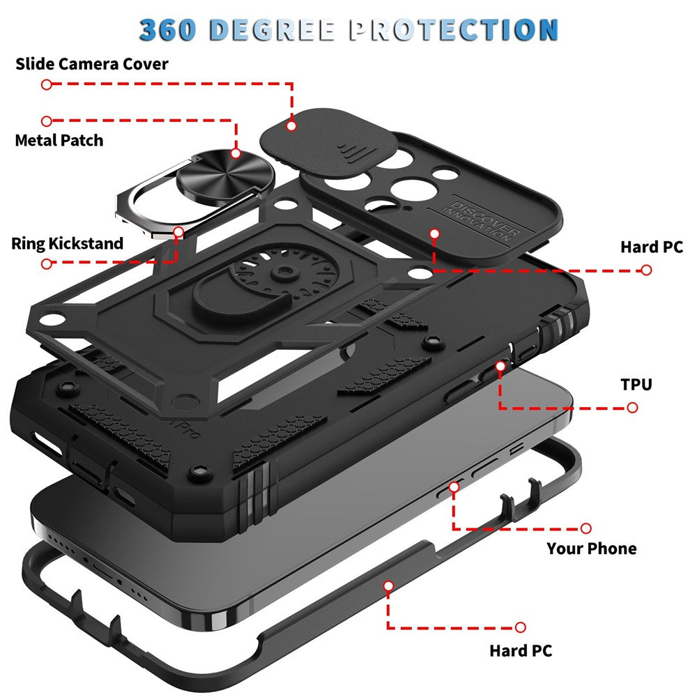 For iPhone 13 Pro Max 6.7 inch Card Clot Sliding Camera Cover Design PC+TPU Phone Case with Built-in Kickstand