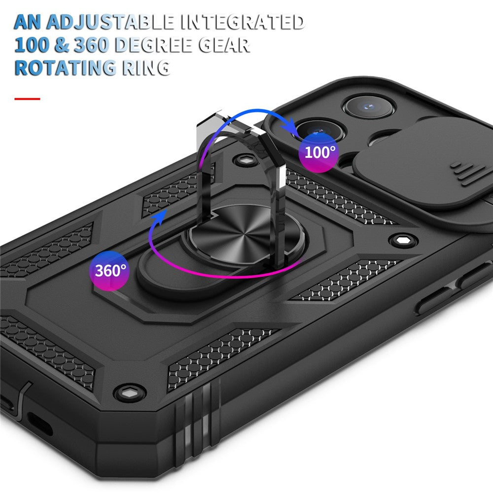 For iPhone 13 Pro Max 6.7 inch Card Clot Sliding Camera Cover Design PC+TPU Phone Case with Built-in Kickstand
