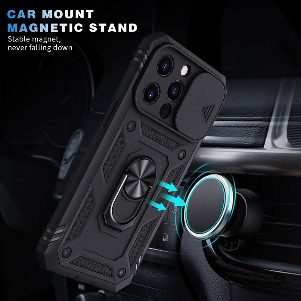 For iPhone 13 Pro Max 6.7 inch Card Clot Sliding Camera Cover Design PC+TPU Phone Case with Built-in Kickstand