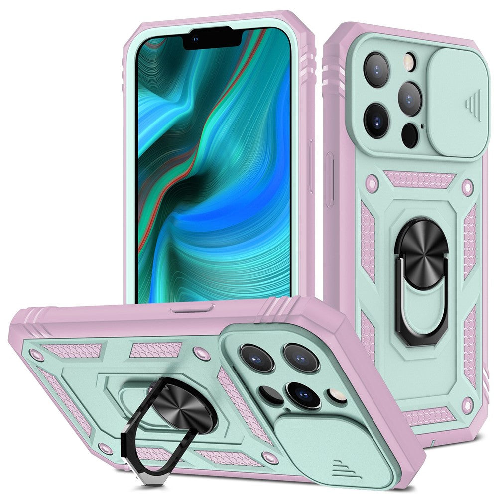 iPhone 13 Pro Max 6,7 tommer etui med kortholder, glidende kameradesign, PC+TPU-mobilcover med indbygget støtte