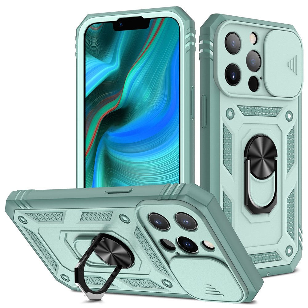 iPhone 13 Pro Max 6,7 tommer etui med kortholder, glidende kameradesign, PC+TPU-mobilcover med indbygget støtte