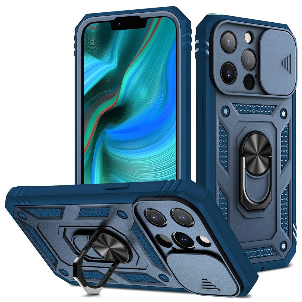 iPhone 13 Pro Max 6,7 tommer etui med kortholder, glidende kameradesign, PC+TPU-mobilcover med indbygget støtte