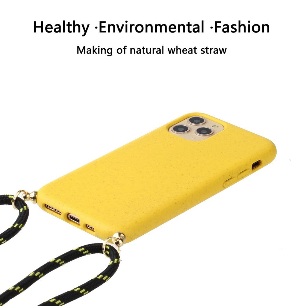 For iPhone 14 Pro Max 6.7 inch Wheat Straw TPU Hybrid Case Drop-proof Phone Cover with Long Lanyard