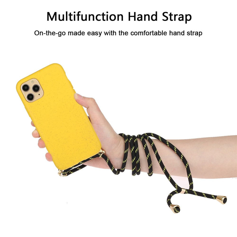 For iPhone 14 Pro Max 6.7 inch Wheat Straw TPU Hybrid Case Drop-proof Phone Cover with Long Lanyard