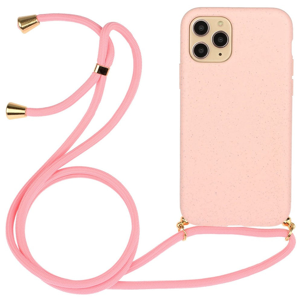 For iPhone 14 Pro Max 6.7 inch Wheat Straw TPU Hybrid Case Drop-proof Phone Cover with Long Lanyard