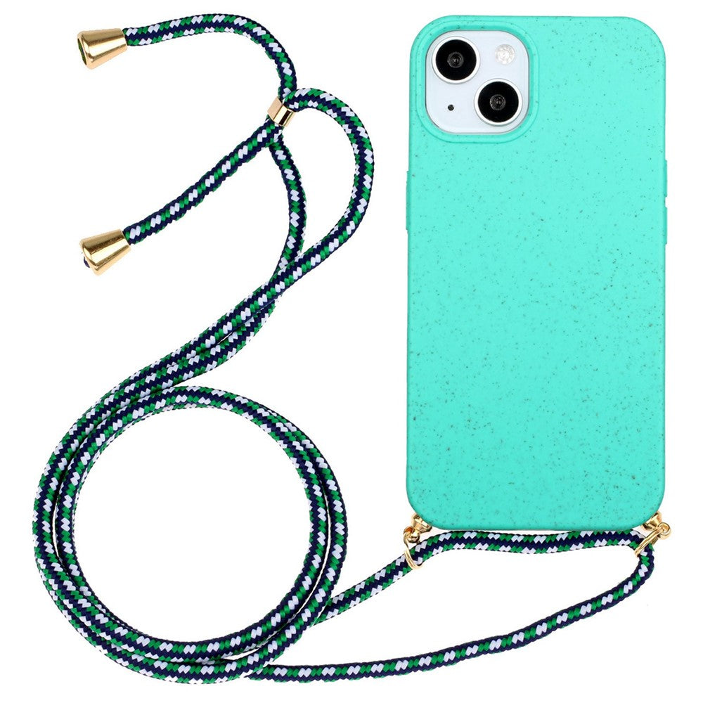 Soft TPU + Wheat Straw Hybrid Case for iPhone 14 6.1 inch, Drop-proof Phone Cover with Adjustable Lanyard