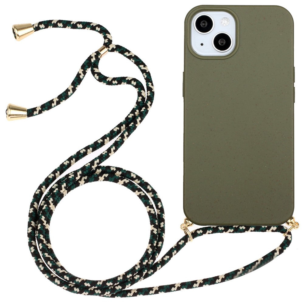 Soft TPU + Wheat Straw Hybrid Case for iPhone 14 6.1 inch, Drop-proof Phone Cover with Adjustable Lanyard