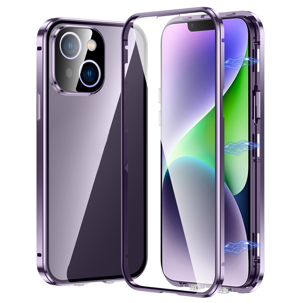 iPhone 14 Reptåligt mobilskal Helskyddande stötsäkert skal Magnetisk metallram + Härdat glasmobilskal med självlåsande spänne