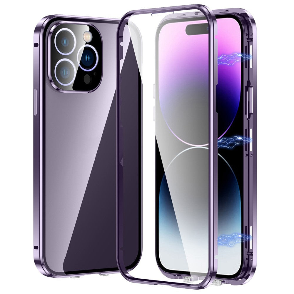 For iPhone 14 Pro Shockproof Case Full Protection Phone Cover Metal + Tempered Glass Magnetic Case with Self-Locking Buckle