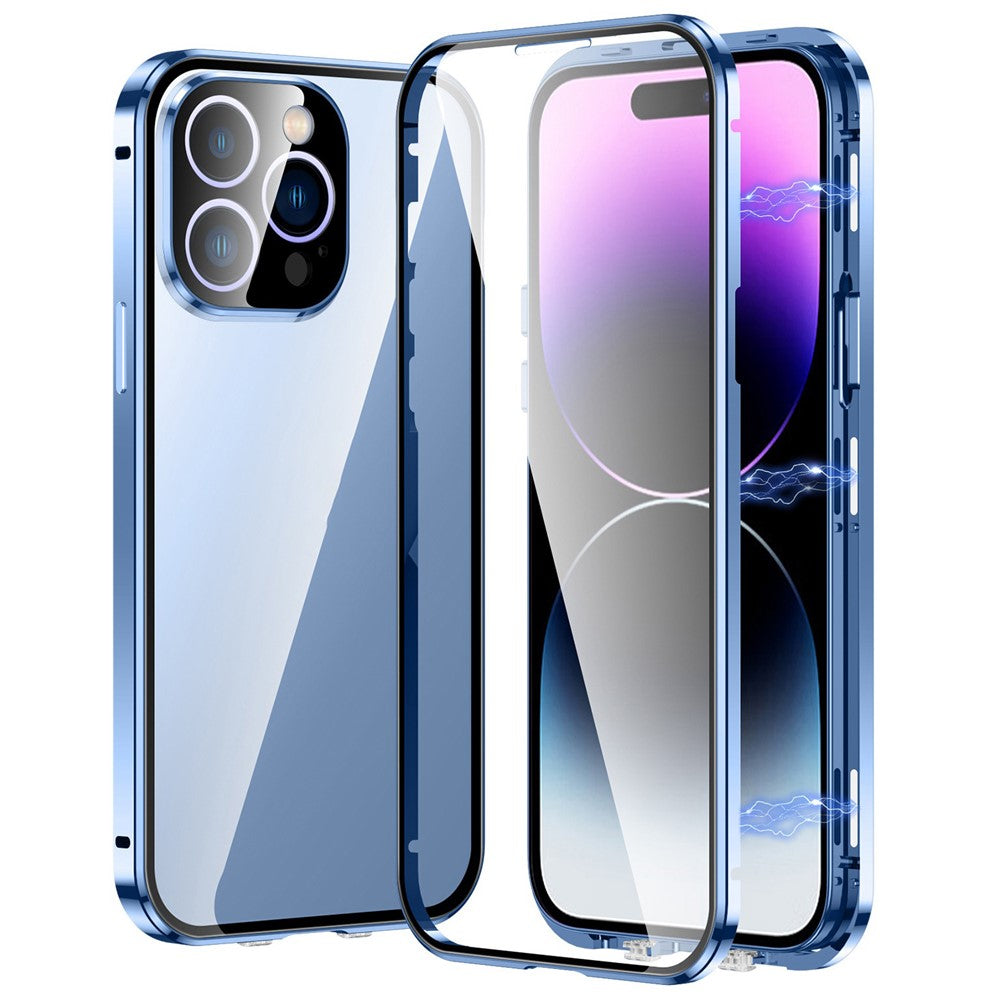 For iPhone 14 Pro Shockproof Case Full Protection Phone Cover Metal + Tempered Glass Magnetic Case with Self-Locking Buckle