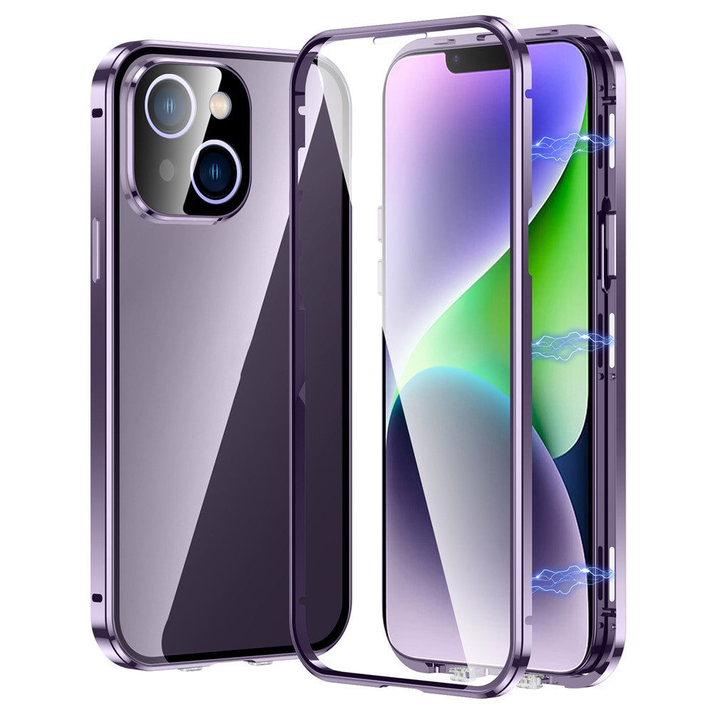 Til iPhone 15 Plus Telefoncover med lige kant, dobbeltsidet hærdet glas, metalramme, magnetisk cover med spænde