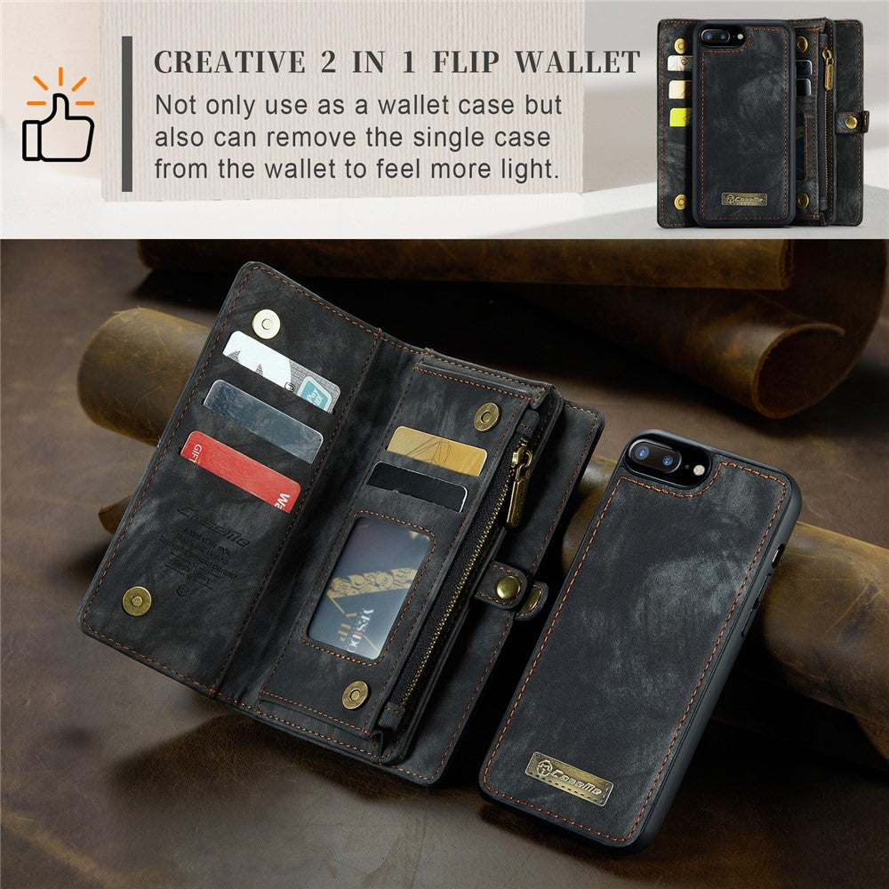 CASEME Vintage PU Leather Case for iPhone 8 Plus / 7 Plus, 008 Series 2-in-1 PC Multi-slot Wallet Phone Case