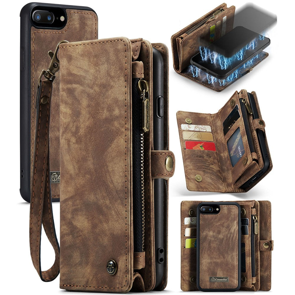 CASEME Vintage PU Leather Case for iPhone 8 Plus / 7 Plus, 008 Series 2-in-1 PC Multi-slot Wallet Phone Case
