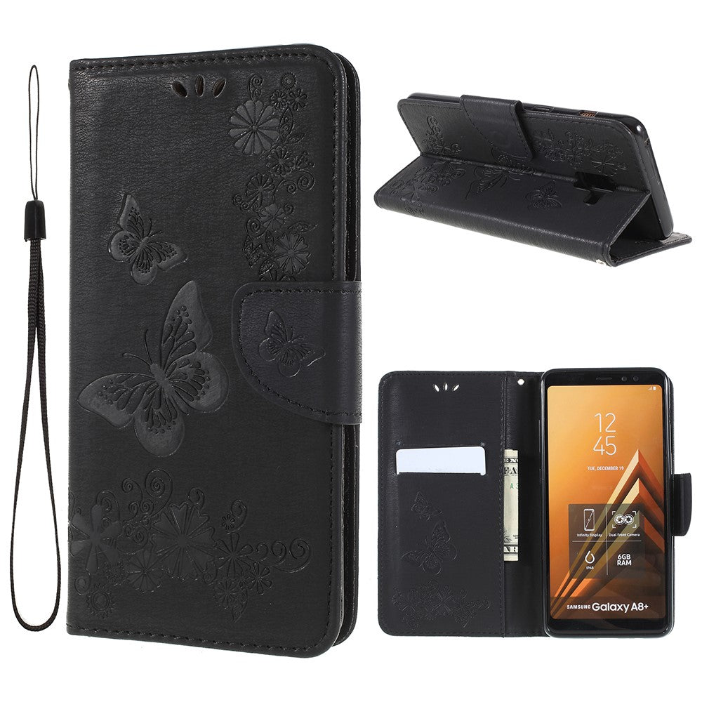 Taske med Præget Sommerfugle og Blomster til Samsung Galaxy A8 (2018)