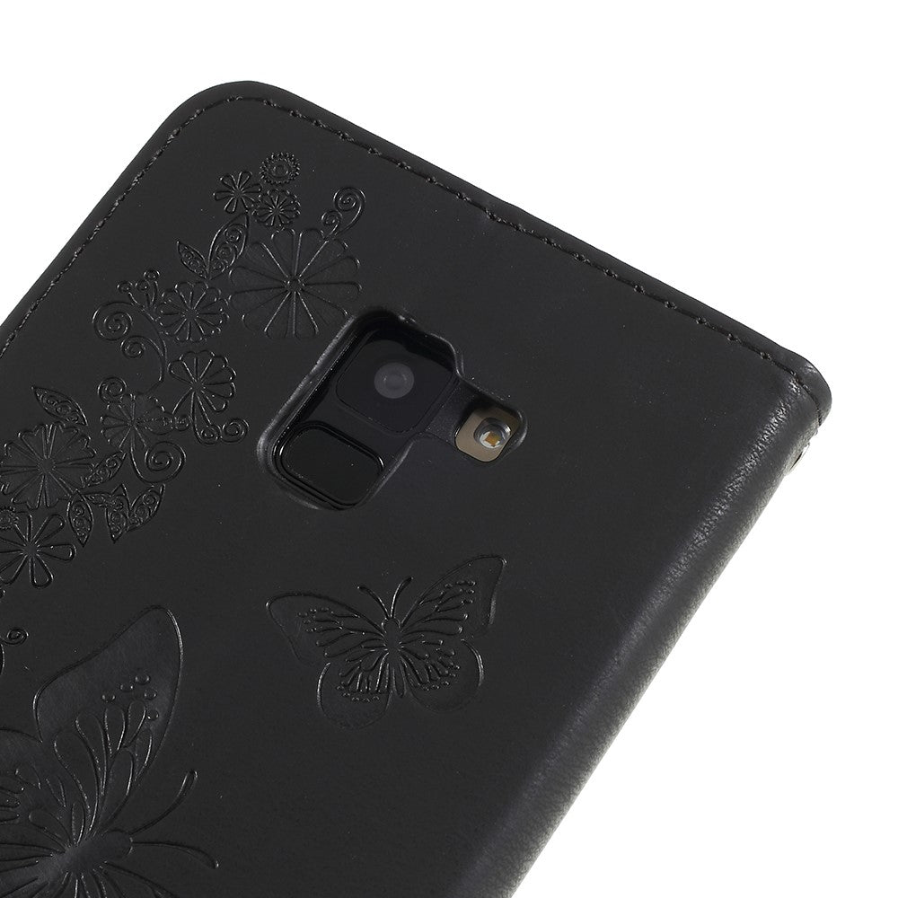 Taske med Præget Sommerfugle og Blomster til Samsung Galaxy A8 (2018)