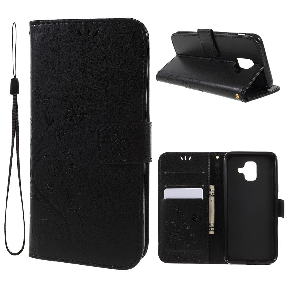 Præget sommerfugleblomst Læder Pung Magnetisk Stand Cover til Samsung Galaxy A6 (2018)