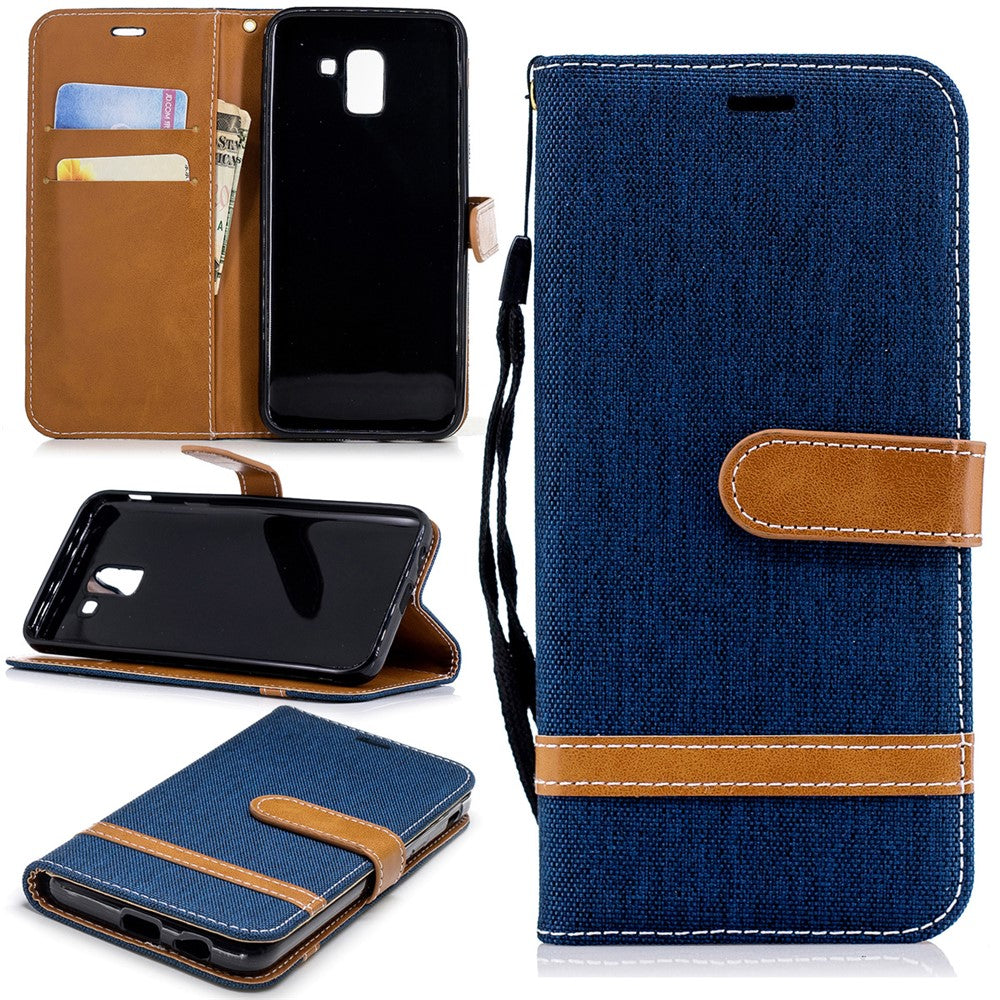 Jeans Stof Tekstur Pung Stander Læder Beskyttende Cover Etui til Samsung Galaxy J6 (2018)