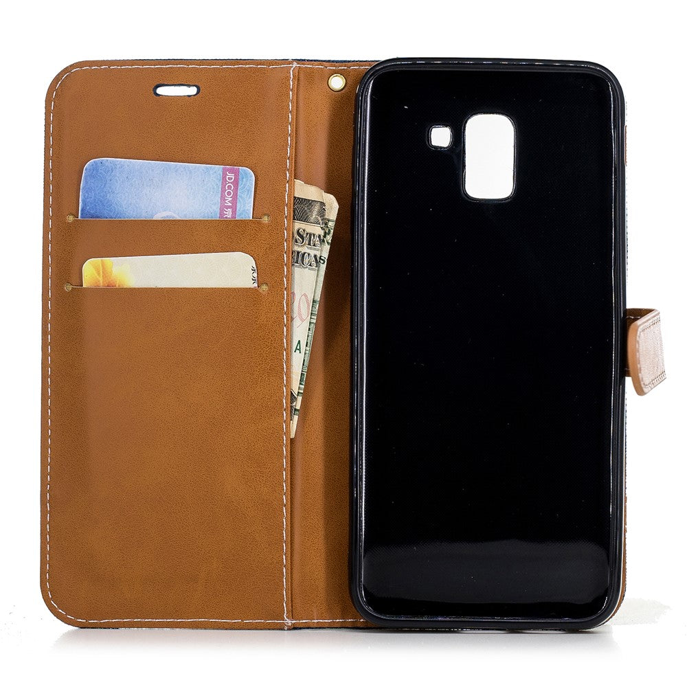 Jeans Stof Tekstur Pung Stander Læder Beskyttende Cover Etui til Samsung Galaxy J6 (2018)