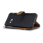 To-farvet Jean-stof Læder Pung Stativ Mobiltaske til Samsung Galaxy J4 Plus / J4 Prime