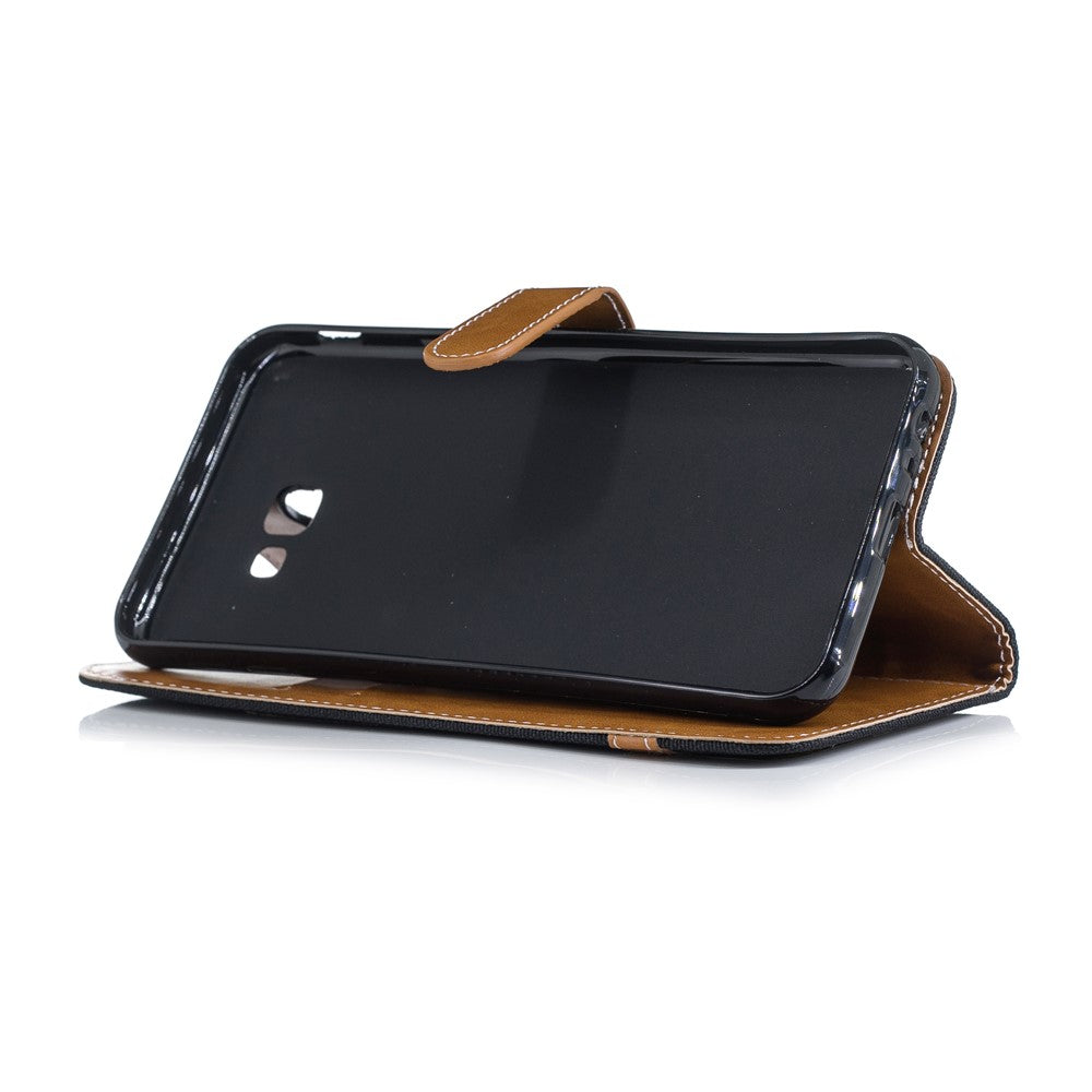 To-farvet Jean-stof Læder Pung Stativ Mobiltaske til Samsung Galaxy J4 Plus / J4 Prime