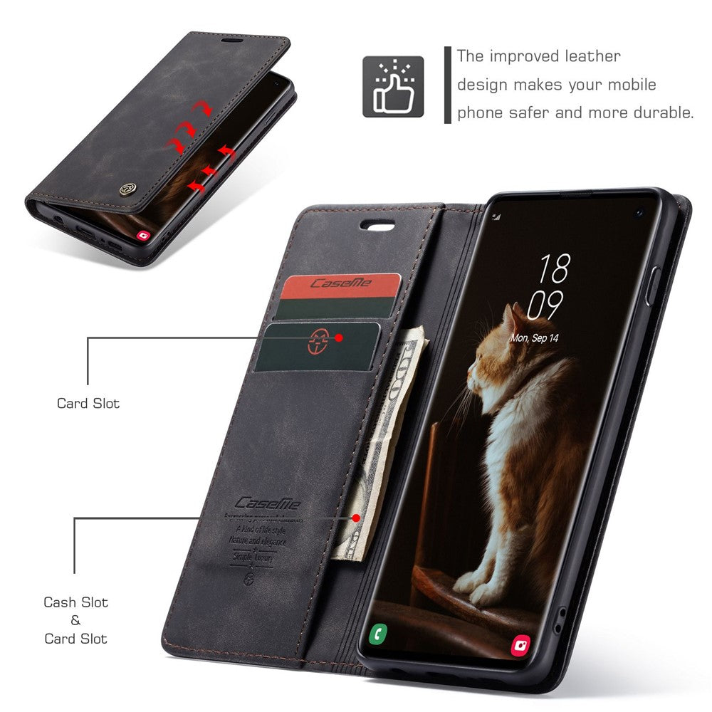 CASEME 013-serien til Samsung Galaxy S10 PU-læderetui [Automatisk absorberende] [Kortholder og støttefod]