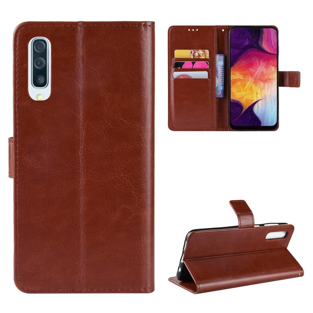 Crazy Horse Leather Wallet Stand Phone Cover with Strap for Samsung Galaxy A50 / A50s / A30s