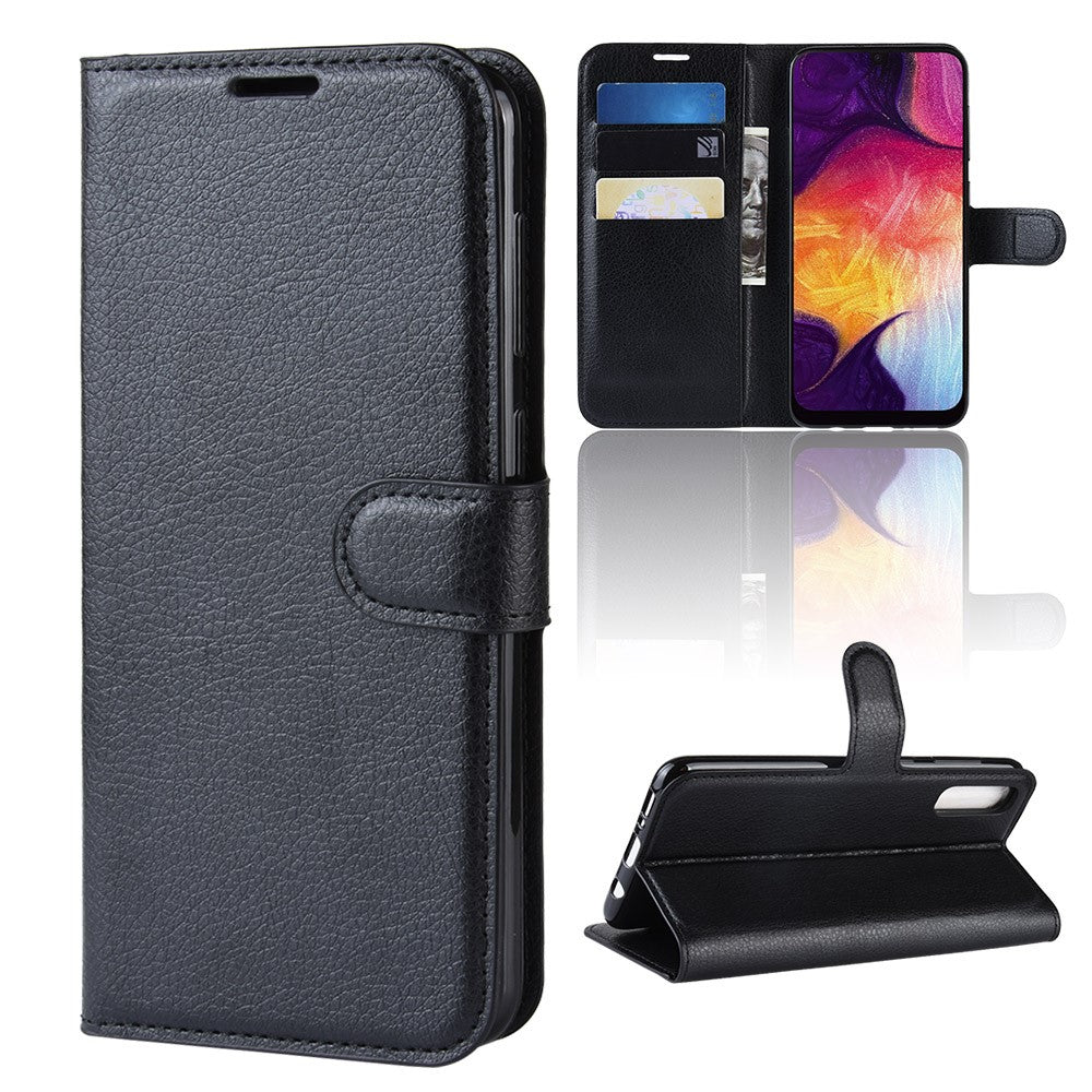 Litchi Skin Wallet Leather Stand Case for Samsung Galaxy A50 / A50s / A30s Cell Phone Case