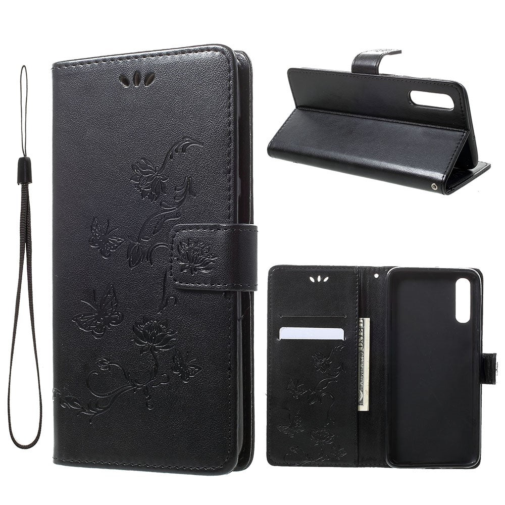 Præg sommerfugle blomster læderpung stander cover til Samsung Galaxy A70