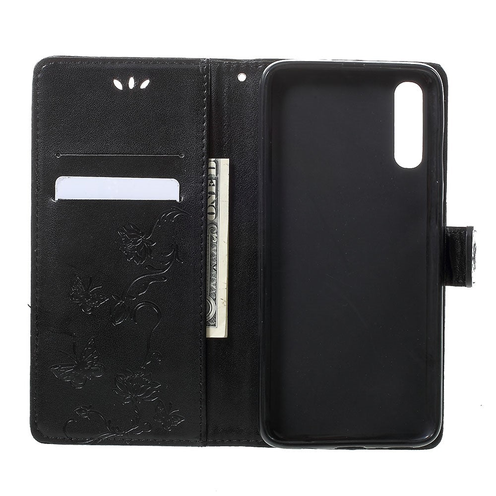 Præg sommerfugle blomster læderpung stander cover til Samsung Galaxy A70