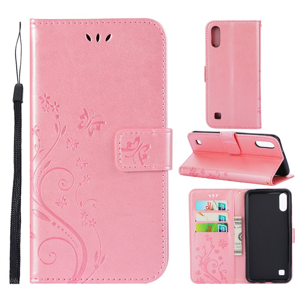 Läderplånboksfodral med fjärilsmotiv och blommotiv till Samsung Galaxy A10