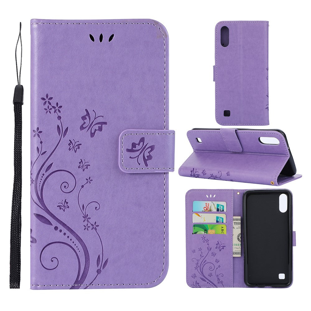 Läderplånboksfodral med fjärilsmotiv och blommotiv till Samsung Galaxy A10
